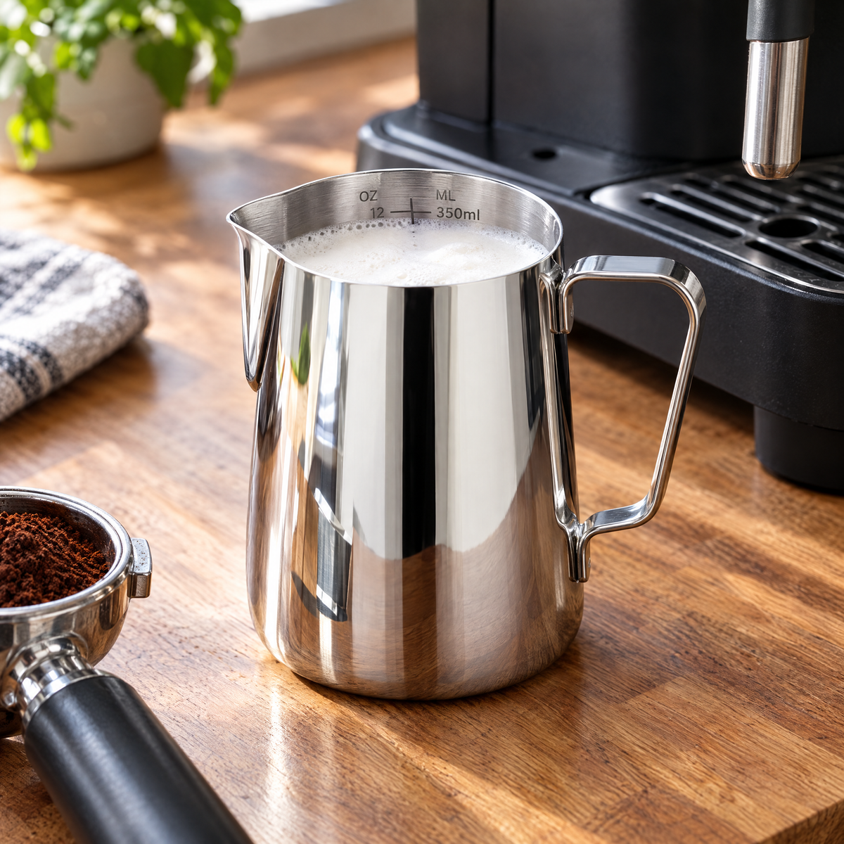 Silver milk frothing jug beside an espresso machine