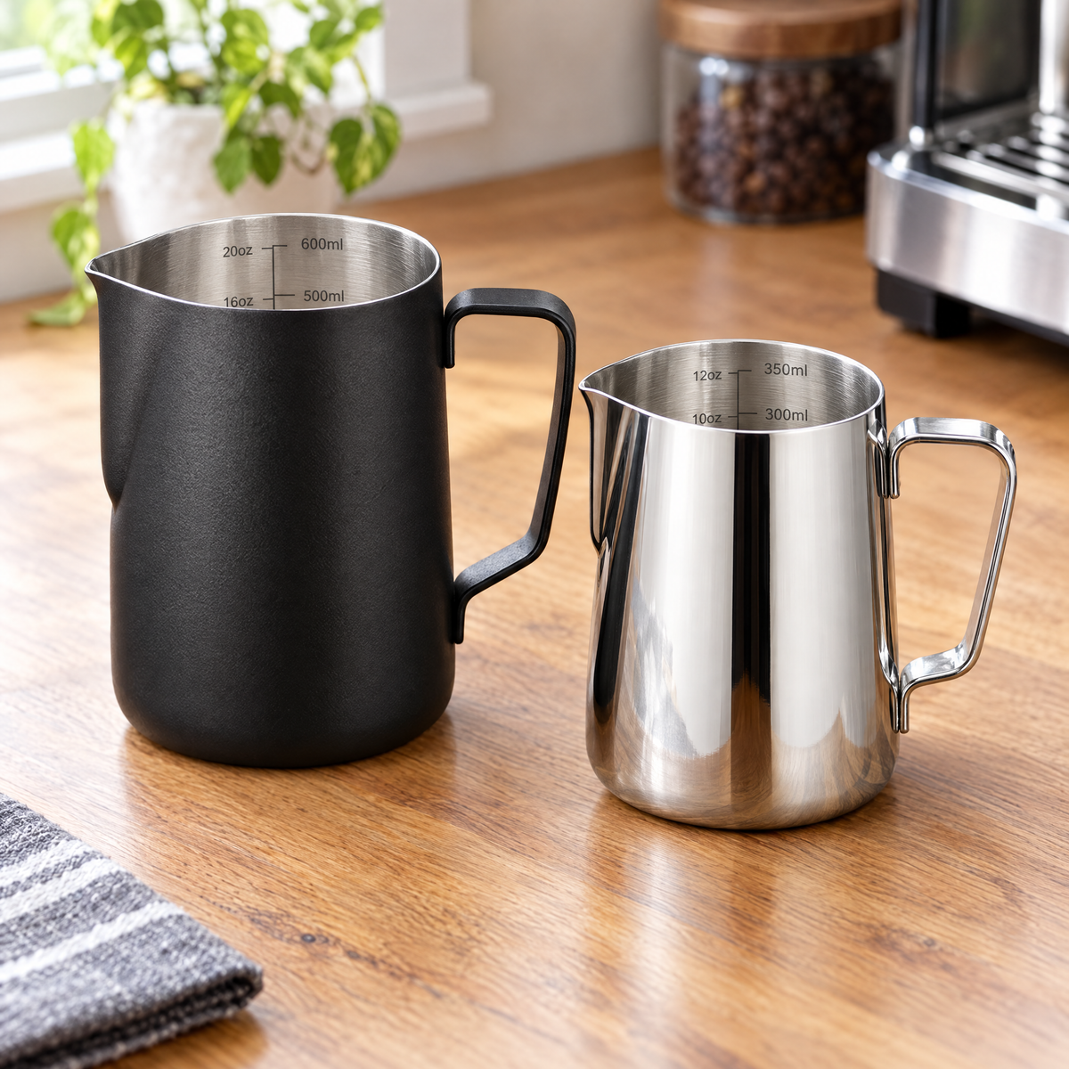 Black 600ml and silver 350ml milk frothing jugs size and colour options