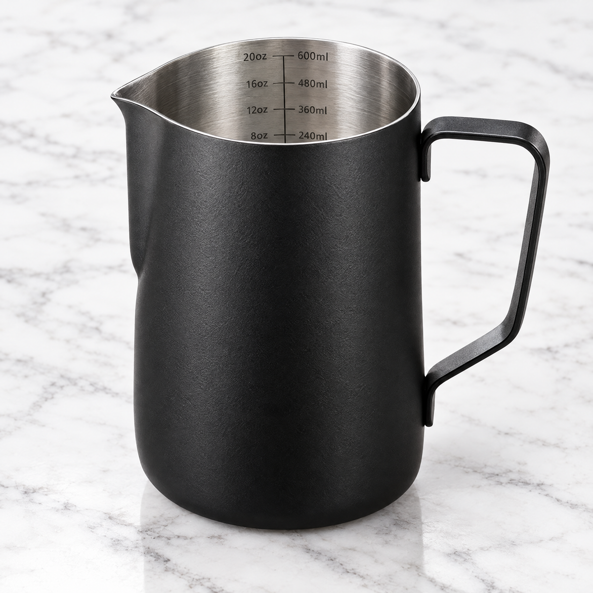 Matte black 600ml stainless steel milk frothing jug with measurement markings