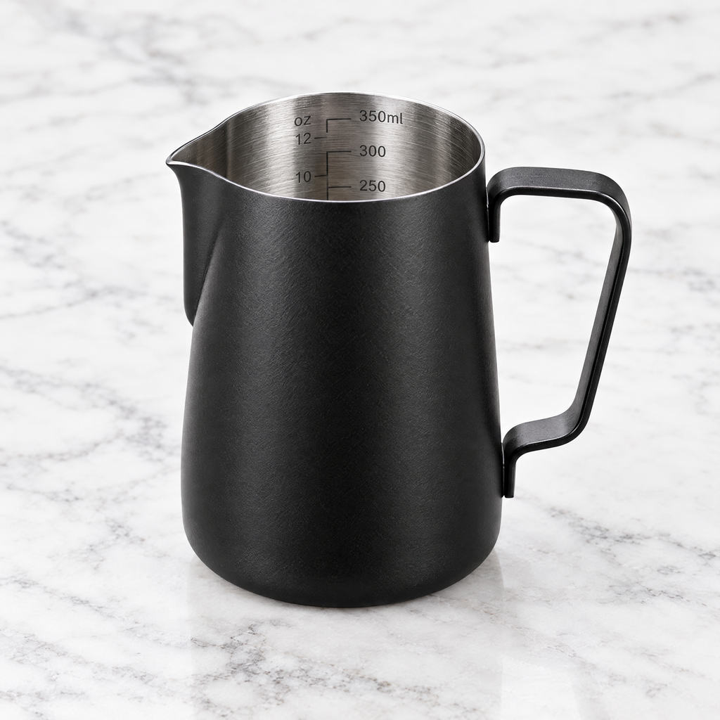 Matte black 350ml stainless steel milk frothing jug with measurement markings