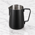 Matte black 350ml stainless steel milk frothing jug with measurement markings