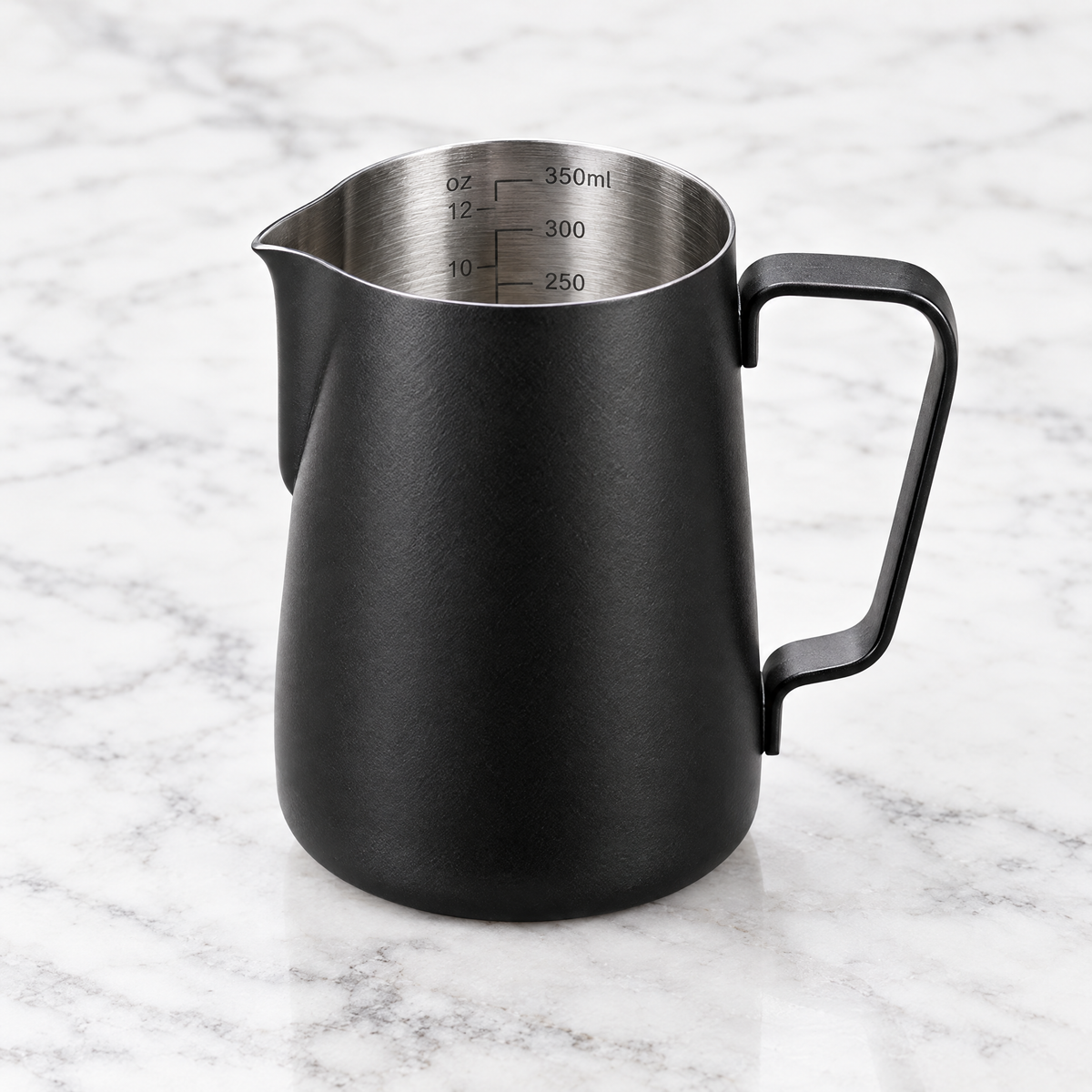 Matte black 350ml stainless steel milk frothing jug with measurement markings