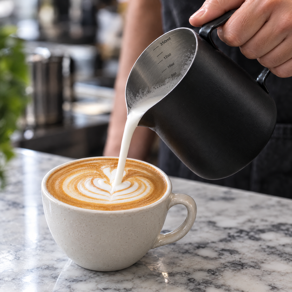 Barista pouring latte art with a matte black milk frothing jug