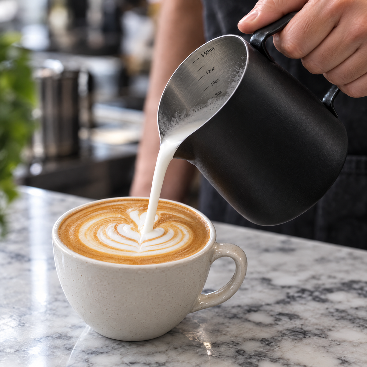 Barista pouring latte art with a matte black milk frothing jug