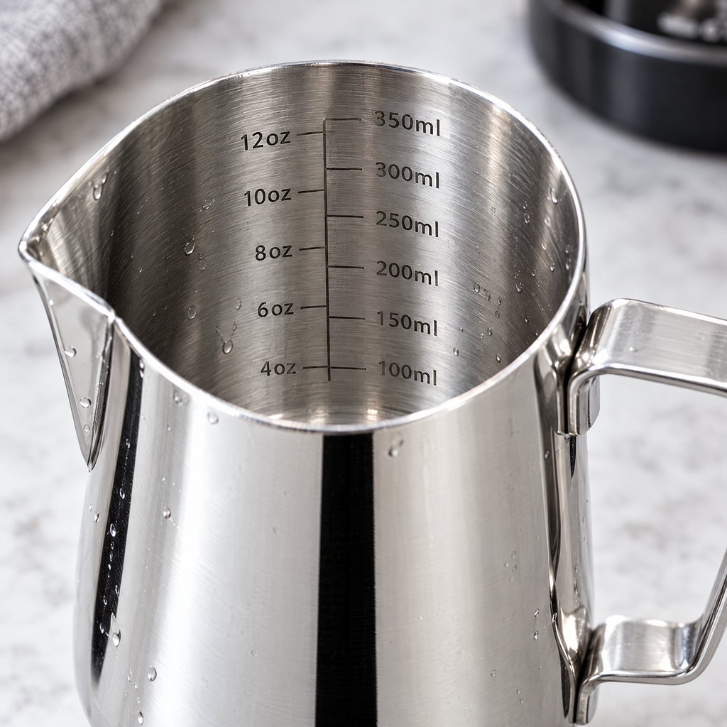 Milk frothing jug pointed spout and interior measurement markings close-up
