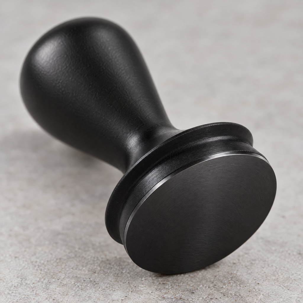Close-up of the precision-machined flat base of the espresso tamper