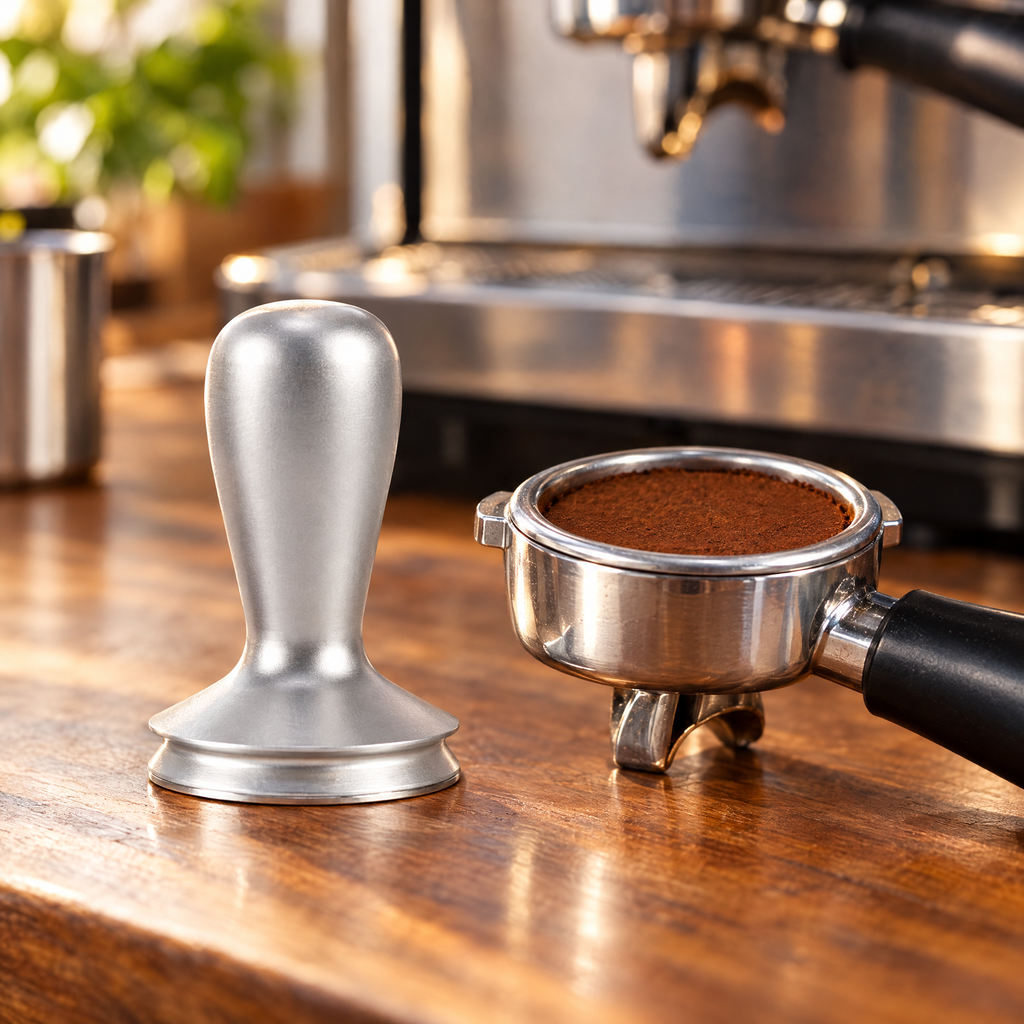 Silver espresso tamper beside a portafilter with a level coffee puck