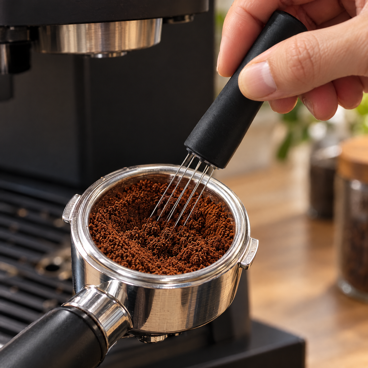 Using a black WDT tool to distribute coffee grounds in a portafilter