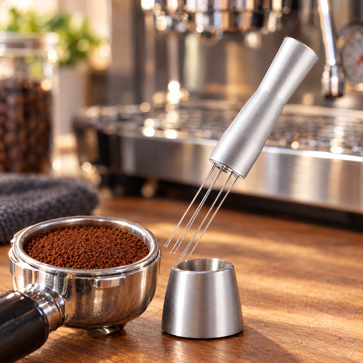 Silver WDT tool in its stand beside a distributed coffee puck