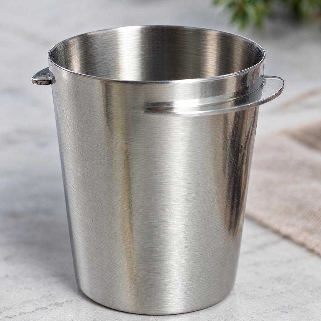 Close-up of the smooth rim and brushed metal wall of the dosing cup