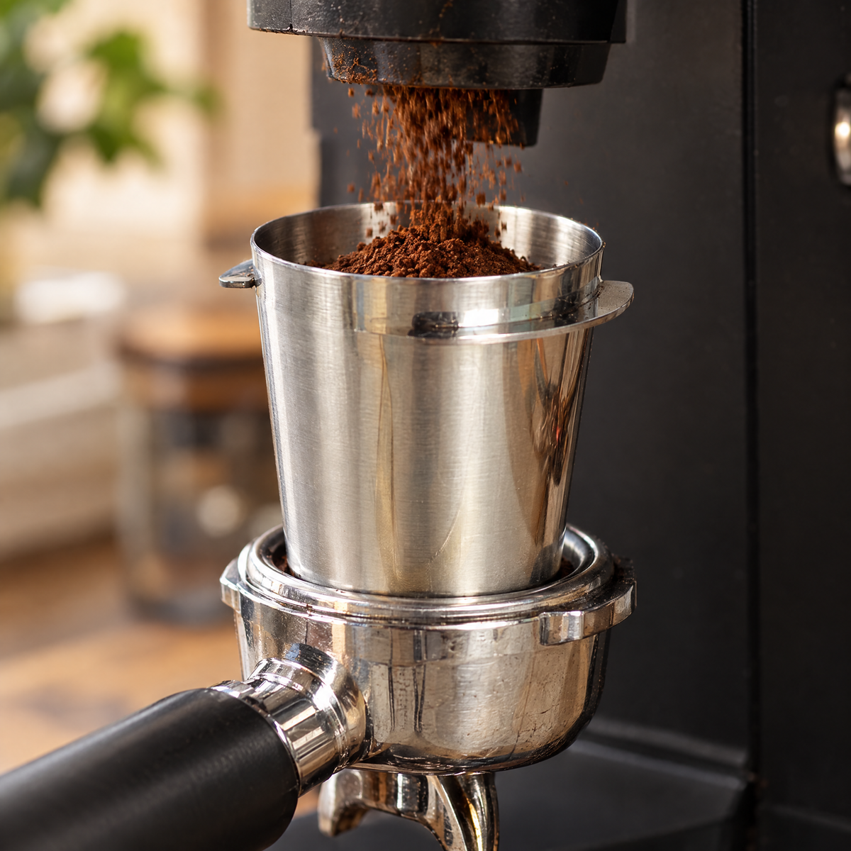Steel dosing cup on a portafilter catching ground coffee from a grinder