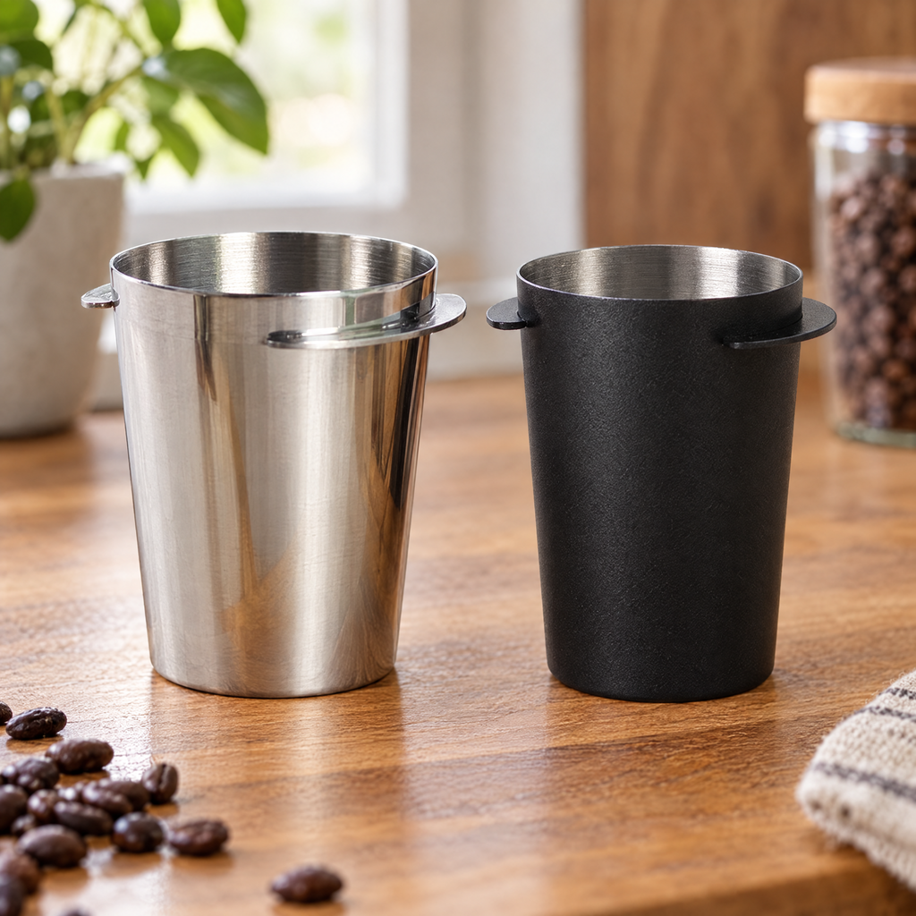 Silver and black espresso dosing cups colour options