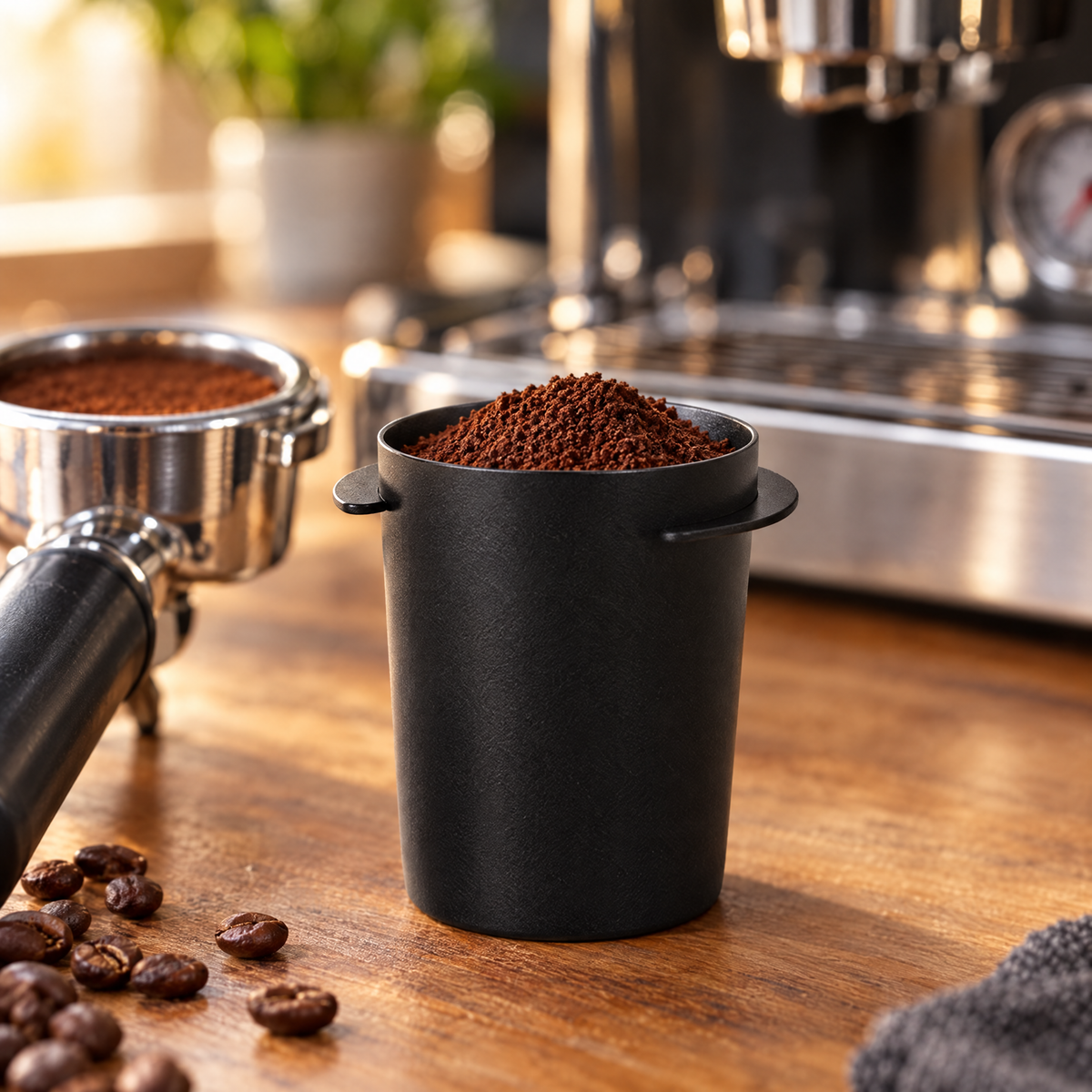 Black dosing cup holding a dose of ground coffee beside a portafilter