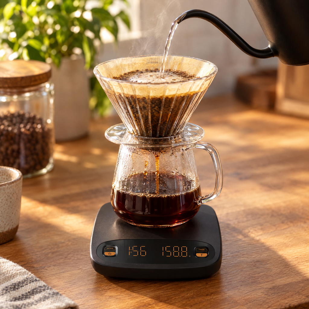 Pour-over brewing on the coffee scale with a gooseneck kettle