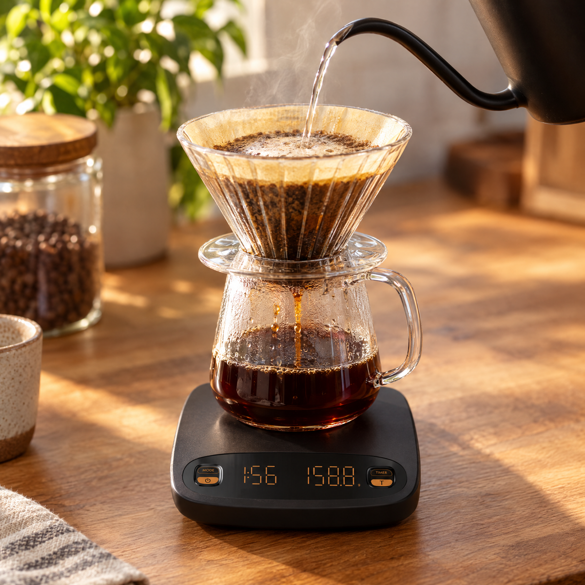 Pour-over brewing on the coffee scale with a gooseneck kettle