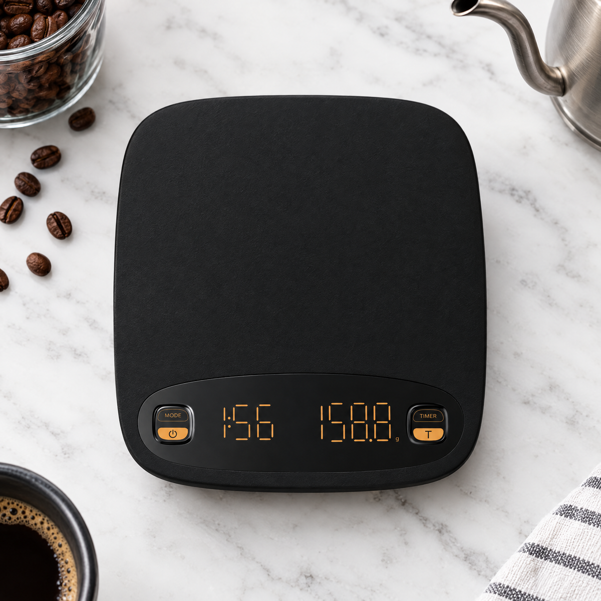 Black espresso coffee scale with timer on marble
