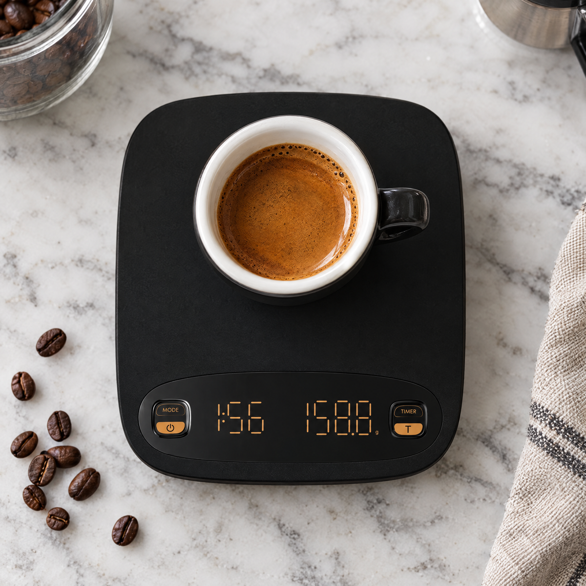 Top-down view of the coffee scale with an espresso cup and beans