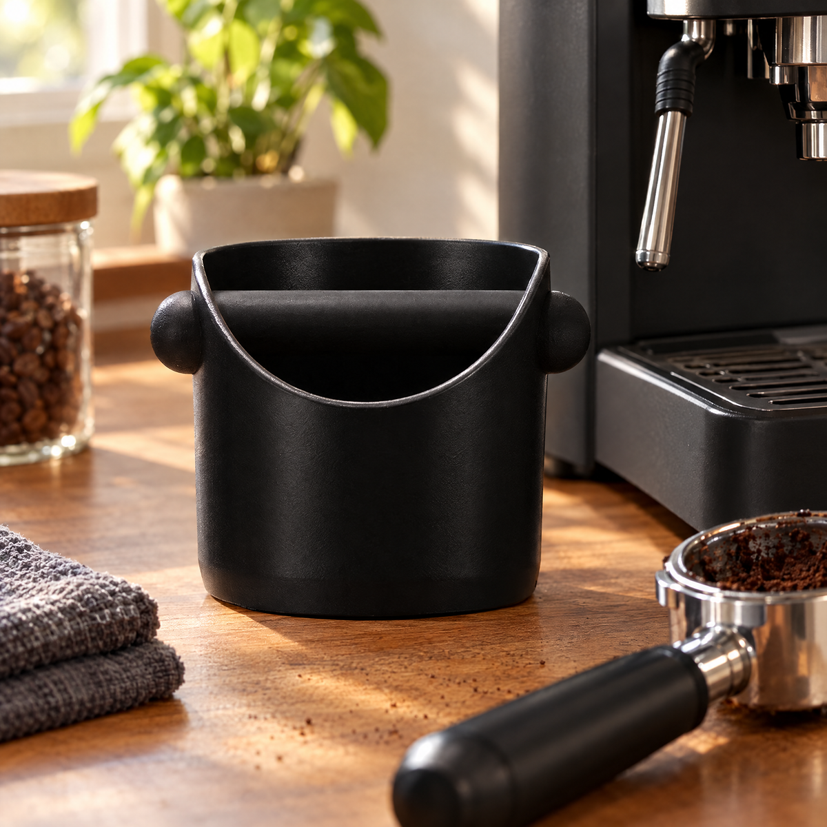 Black knock box on a counter beside an espresso machine