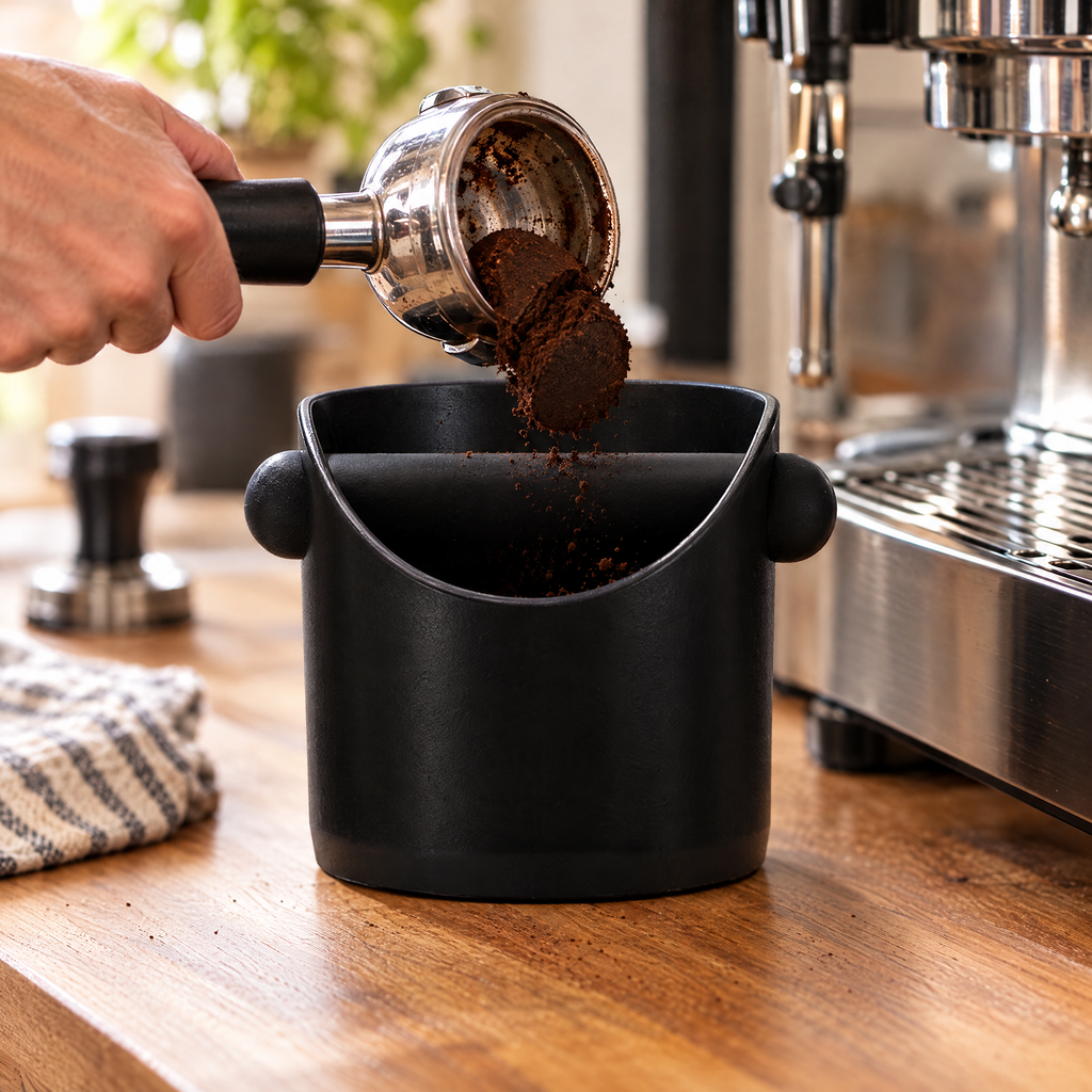Knocking a spent coffee puck into the black knock box
