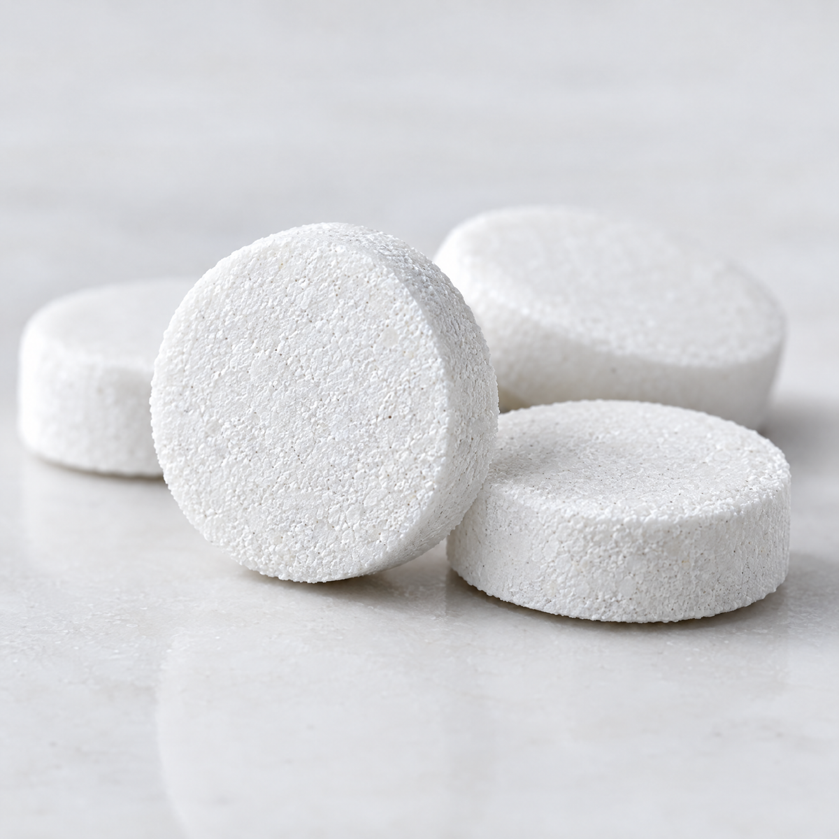 Close-up of white round coffee descaling tablets