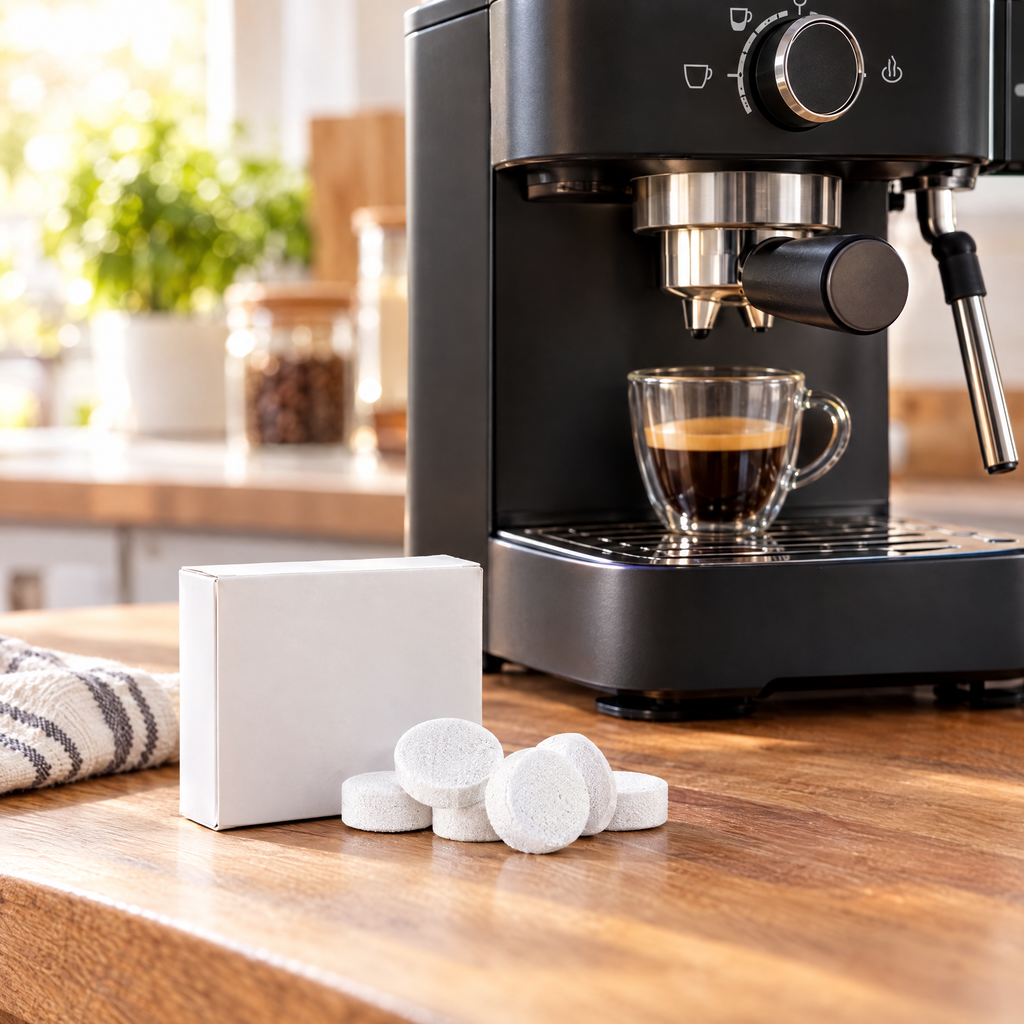Descaling tablets pack beside a clean espresso machine