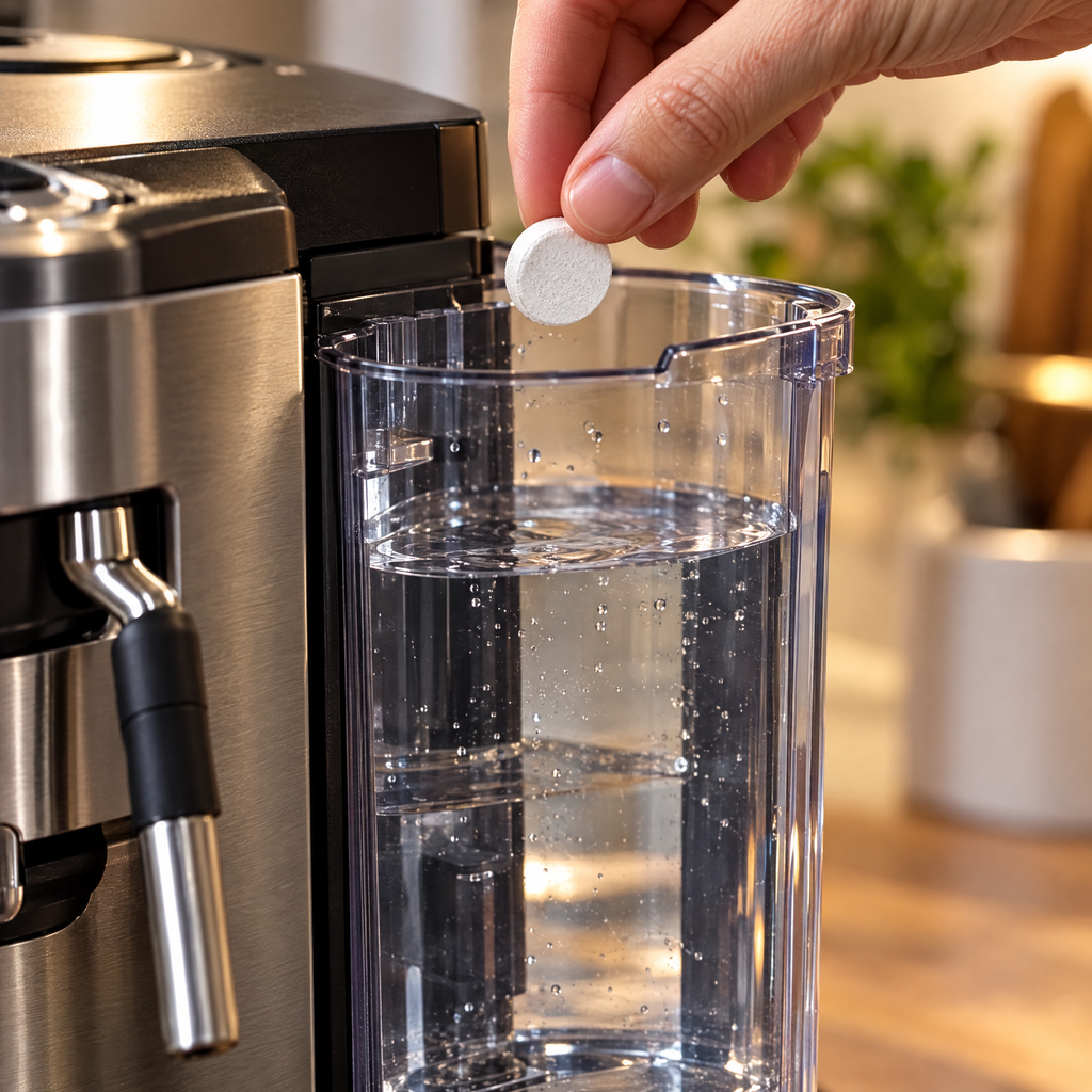 Dropping a descaling tablet into an espresso machine water tank